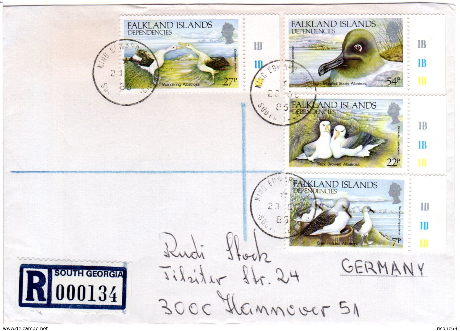 Falkland Inseln Gebiete 1985, 4 Werte Albatrosse Kpl. Auf R-Brief N. Deutschland - Falklandinseln