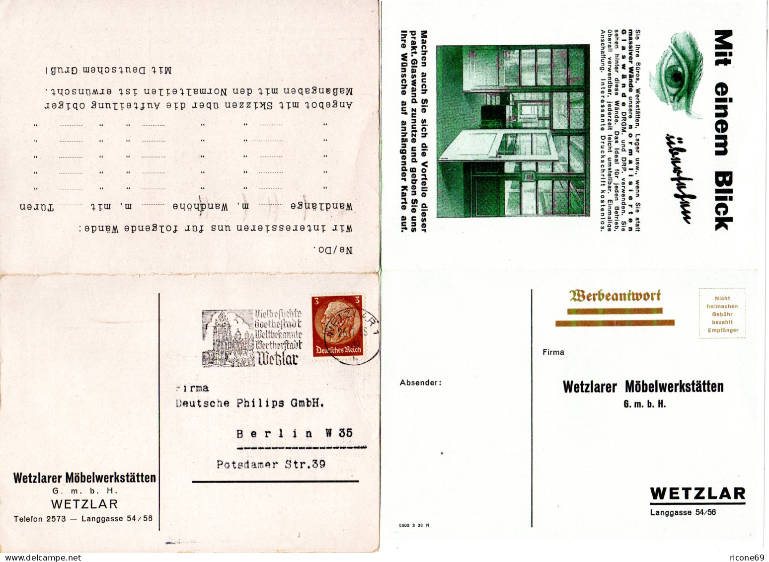 DR 1939, Wetzlarer Möbelwerkstätten Reklame-Faltkarte M. 3 Pf. U. Werbestempel - Briefe U. Dokumente