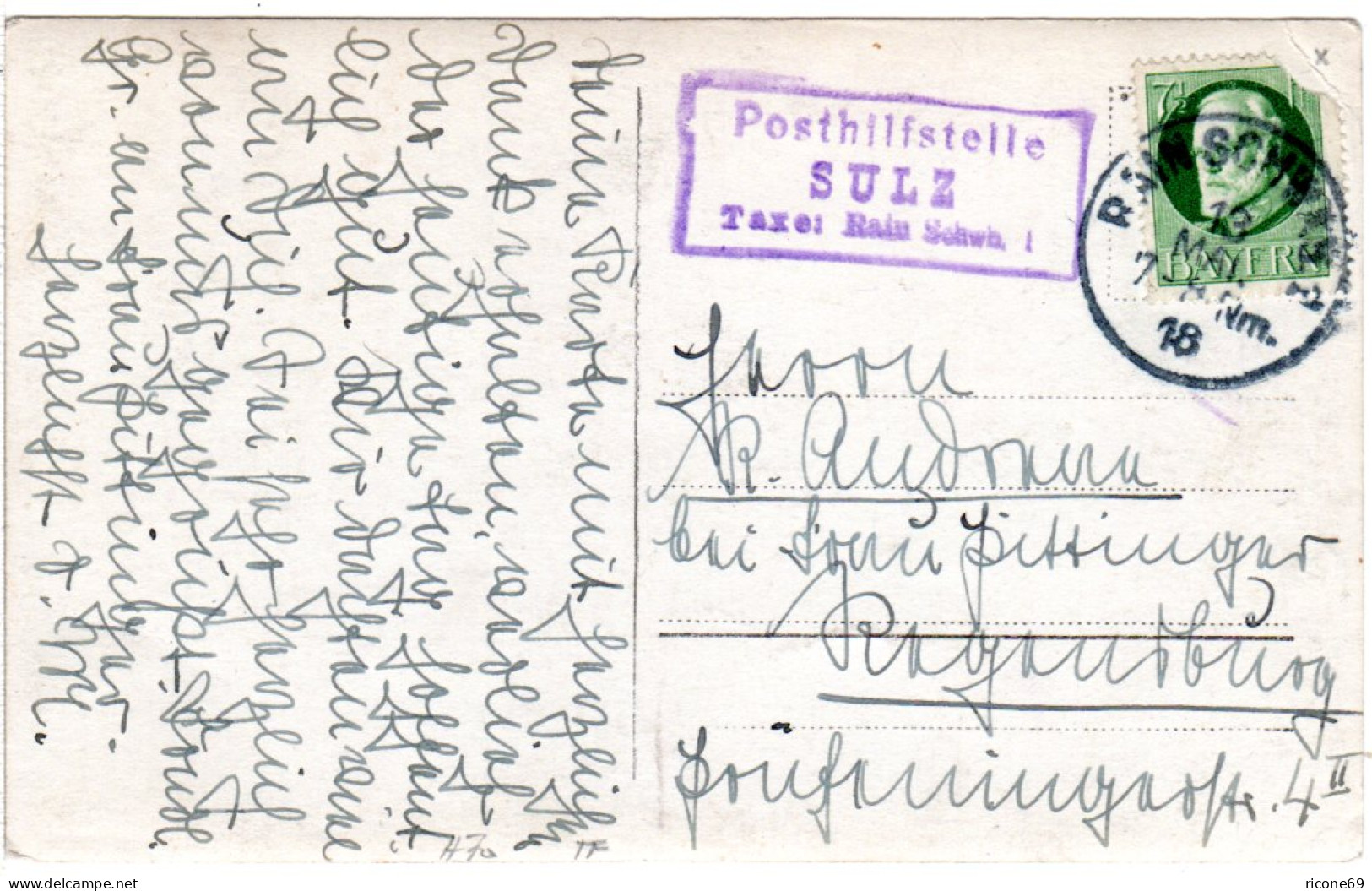 Bayern 1918, Posthilfstelle SULZ Taxe Rain Schwb.1 Auf Karte M. 7 1/2 Pf. - Covers & Documents