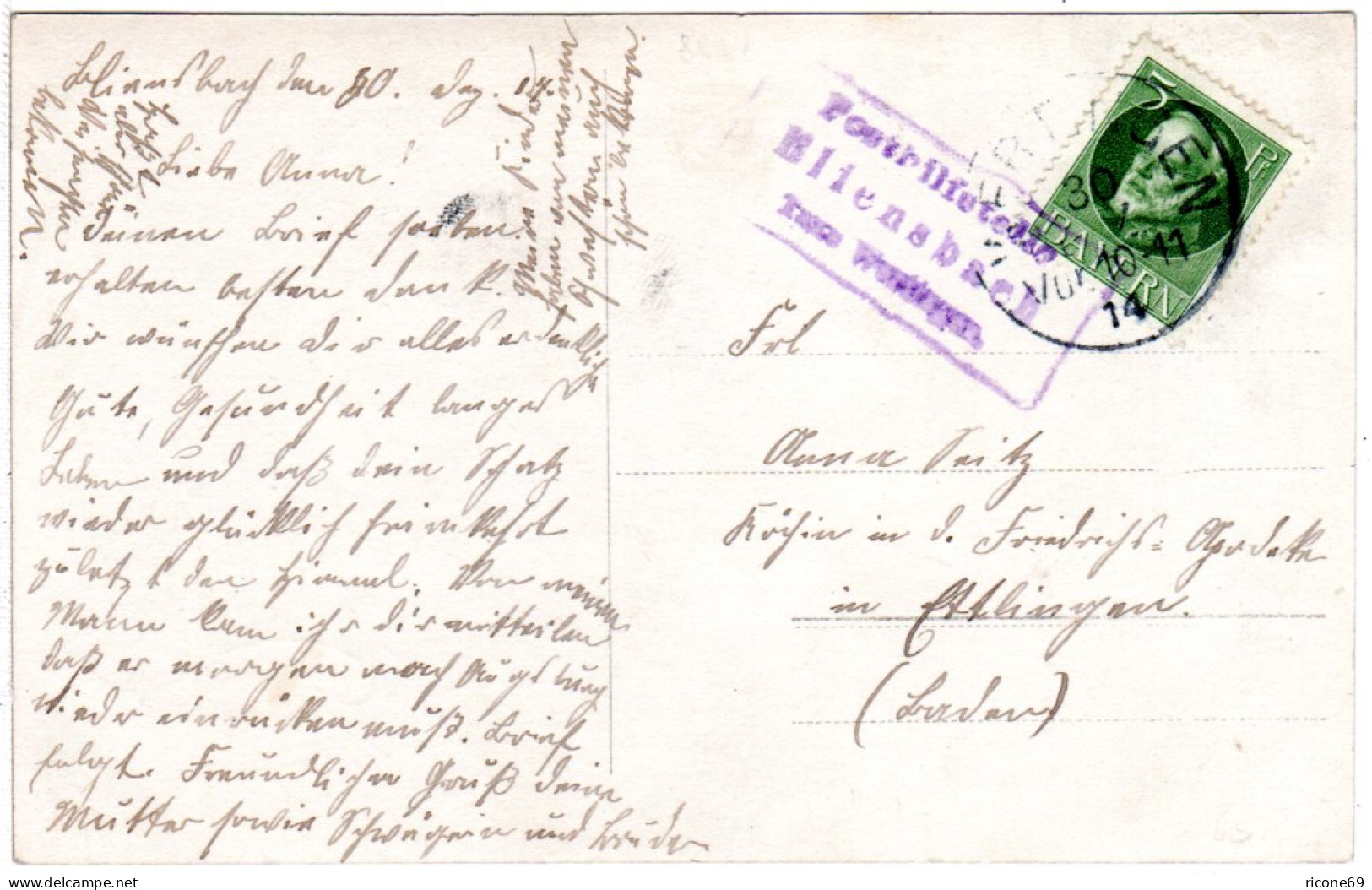 Bayern 1914, Posthilfstelle BLIENSBACH Taxe Wertingen Auf Karte M. 5 Pf. - Covers & Documents