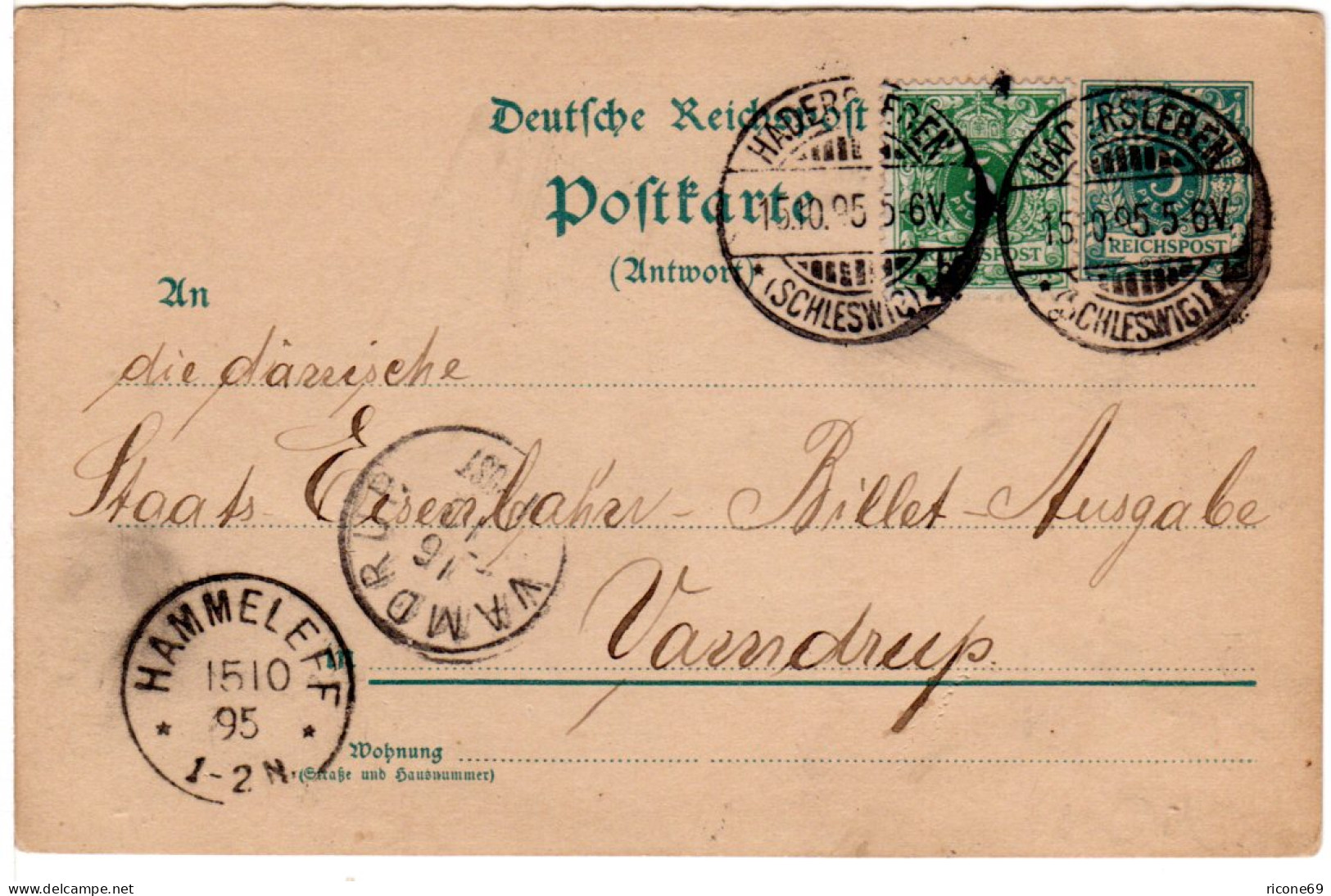 DR 1895, 5 Pf. Zusatzfr. Auf 5 Pf. Ganzsache V. Hadersleben N. Vamdrup Dänemark - Cartas & Documentos
