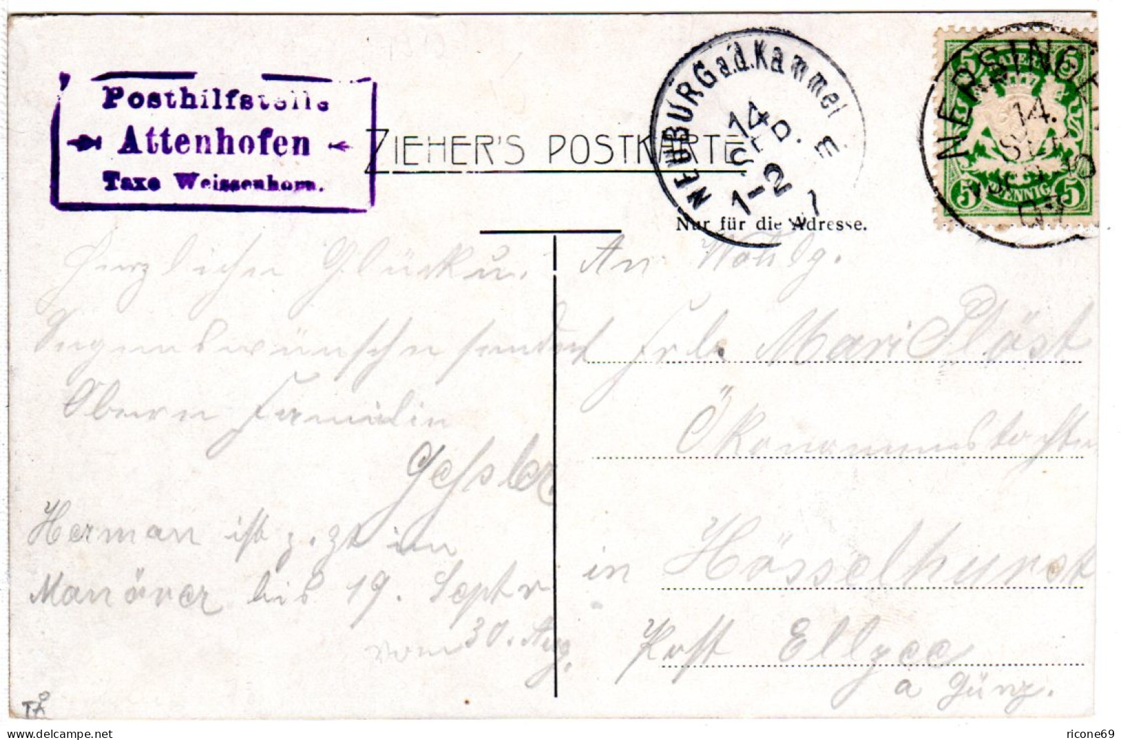 Bayern 1907, Posthilfstelle ATTENHOFEN Taxe Weissenhorn Auf Karte M. 5 Pf. - Briefe U. Dokumente