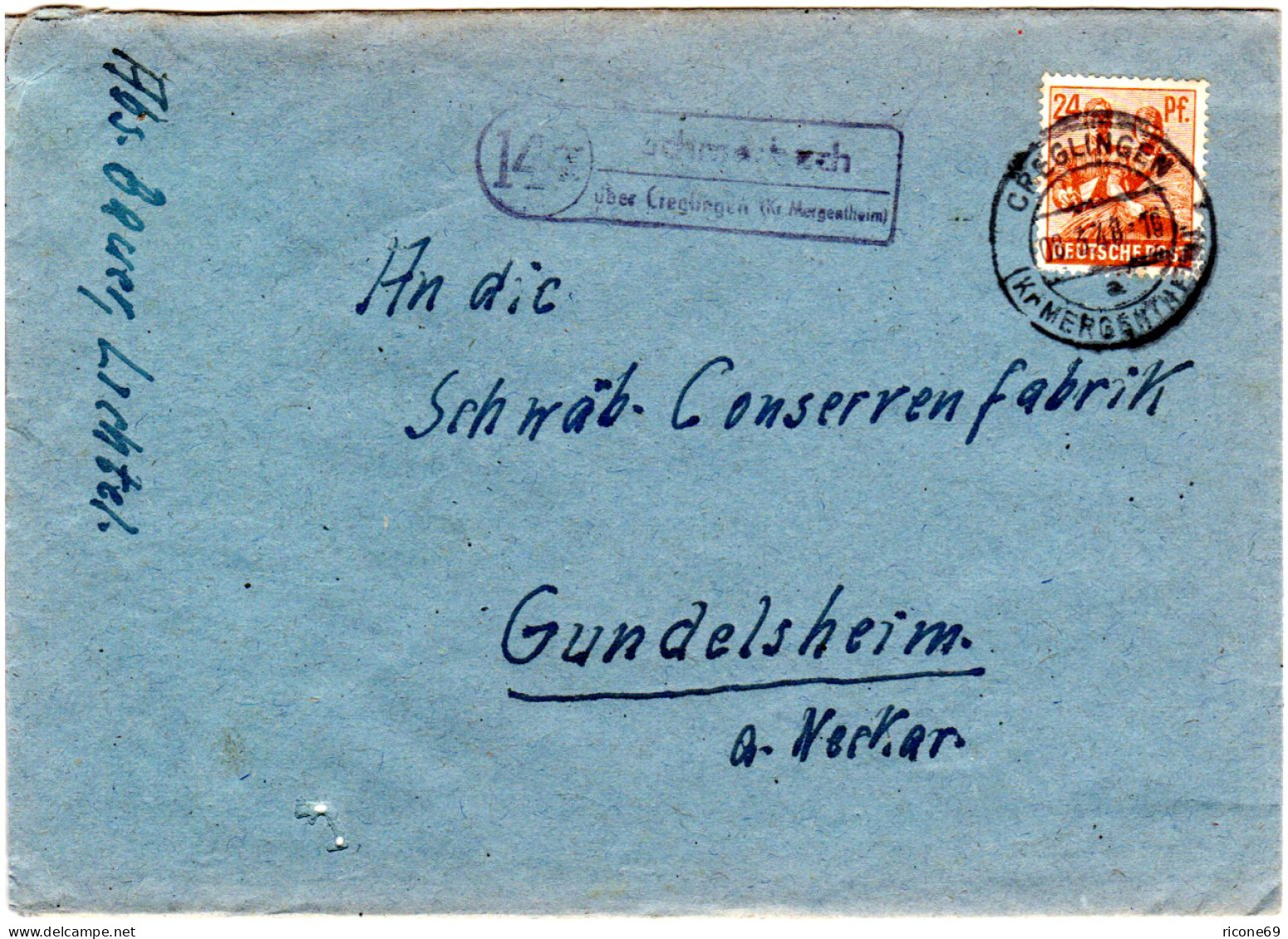 1948, Landpost Stpl. SCHMERBACH über Creglingen Auf Brief M. 24 Pf. - Briefe U. Dokumente