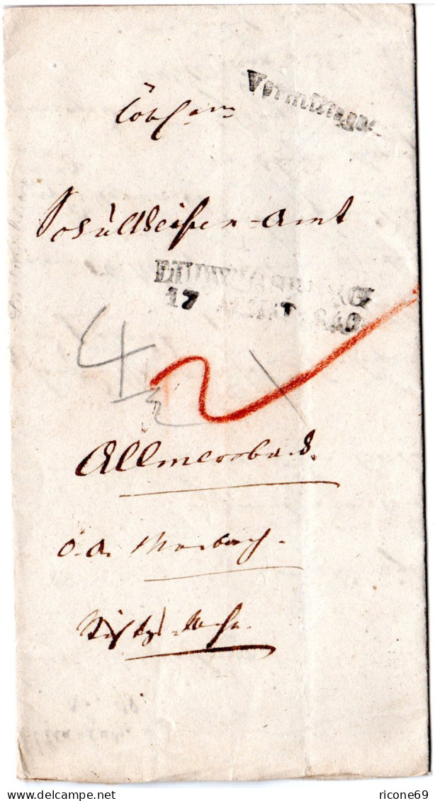 Württemberg 1840, L2 LUDWIGSBURG U. Vormittags Auf Porto Brief N. Allmersbach - Prephilately