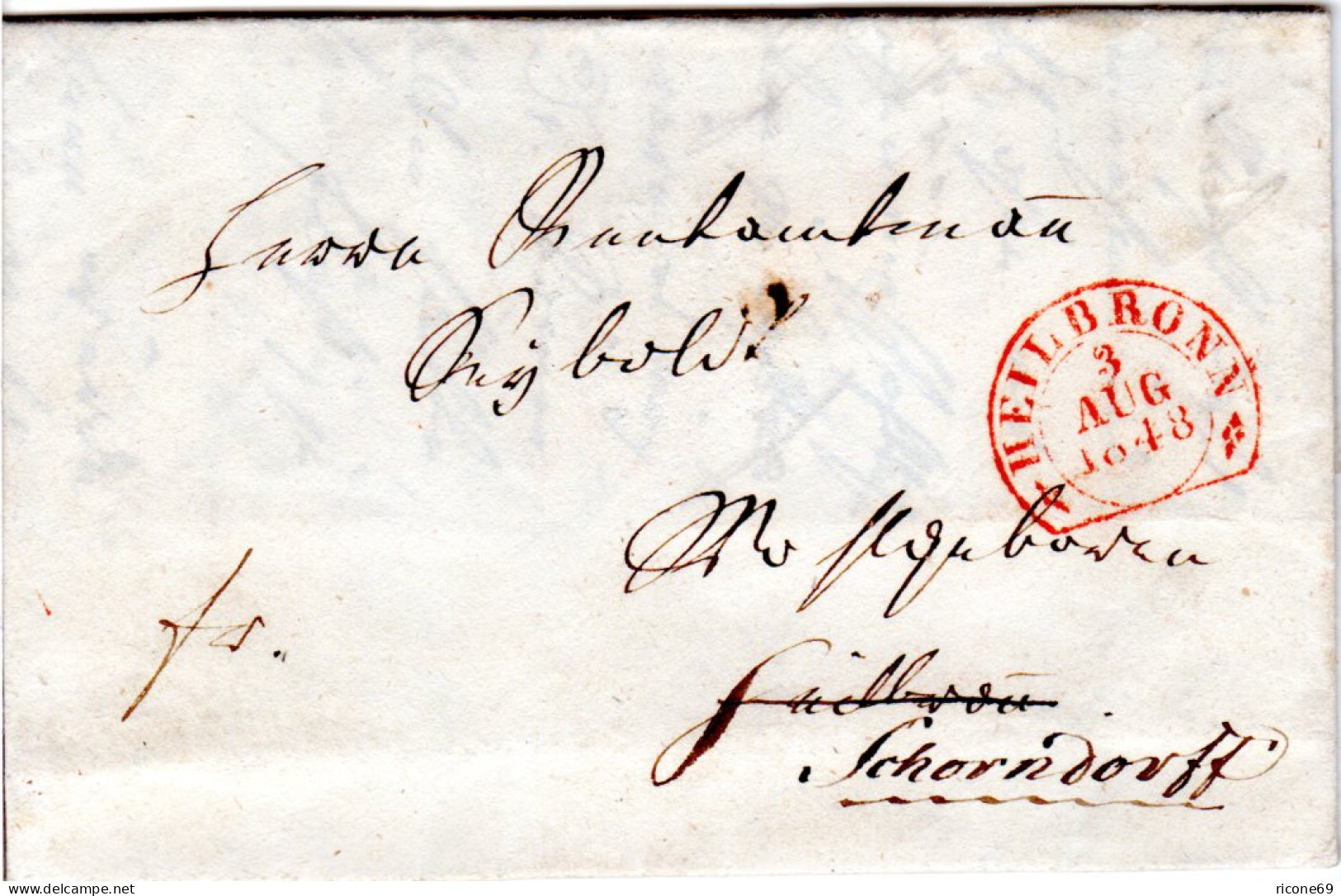 Württemberg 1848, Roter Steigbügelstpl. HEILBRONN Auf Frankobrief N. Schorndorf - Préphilatélie