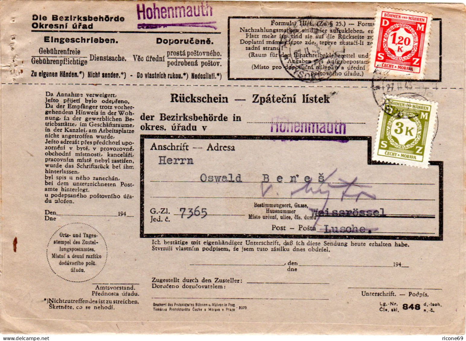 Böhmen Und Mähren 1943, Frankierter Rückschein M. 1,20+3 K. V. Hohenmauth - Besetzungen 1938-45