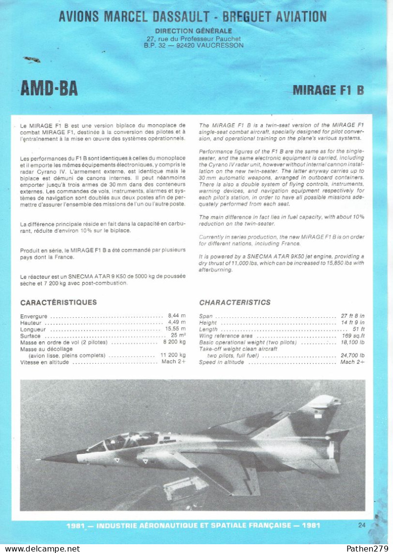 Fiche De Présentation De L'aéronef Français Mirage F1 B - 1981 - Luchtvaart