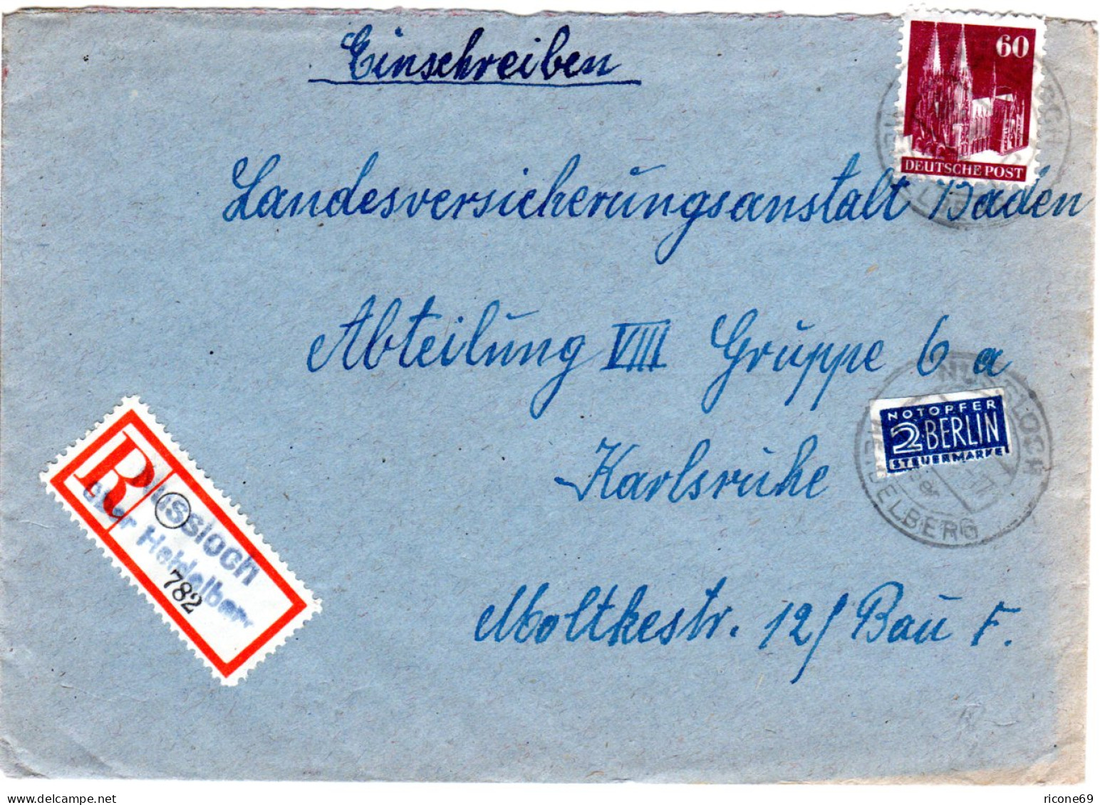 1948, Not-Reko-Zettel V. Nussloch über Heidelberg Auf Brief M. 60 Pf. Bauten - Lettres & Documents