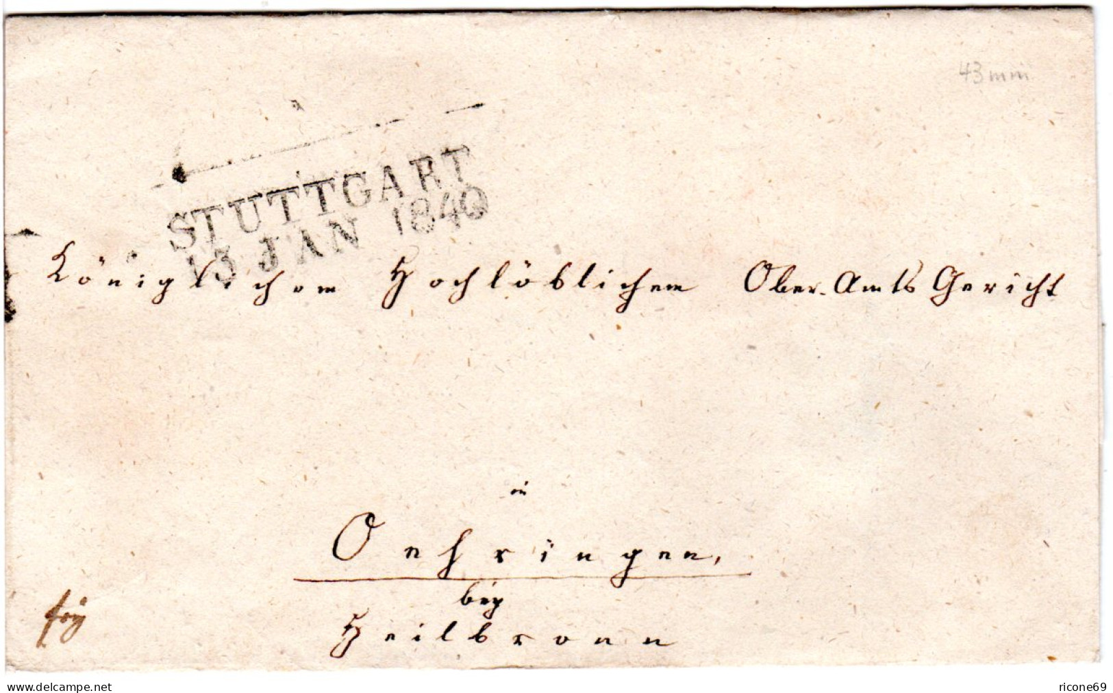 Württemberg 1840, L2 STUTTGART (43 Mm, Oben Rahmen) Auf Franko Brief N. Öhringen - Prephilately