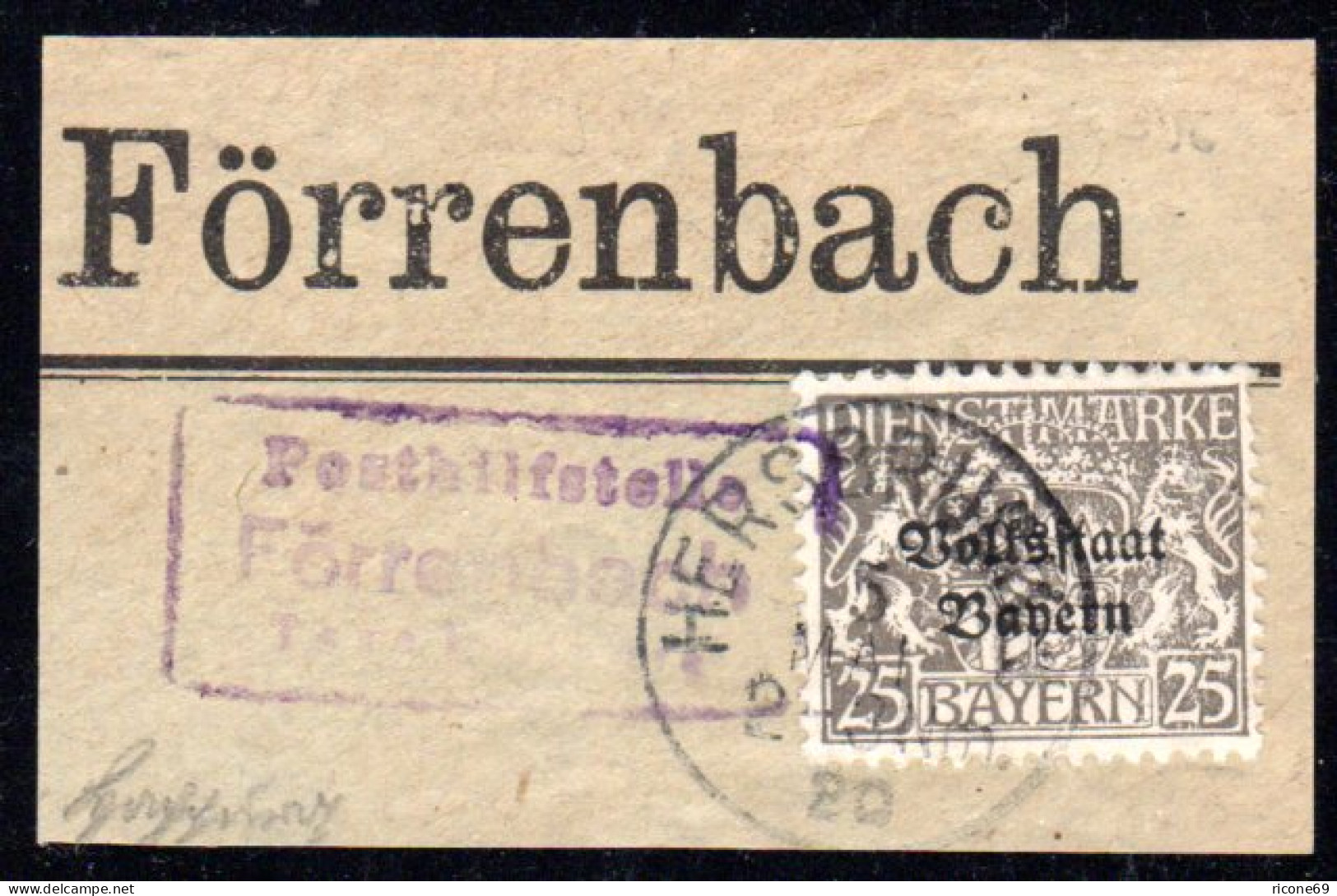 Bayern 1920, Posthilfstelle FÖRRENBACH Taxe Happurg Auf Briefstück M Dienstmarke - Cartas & Documentos