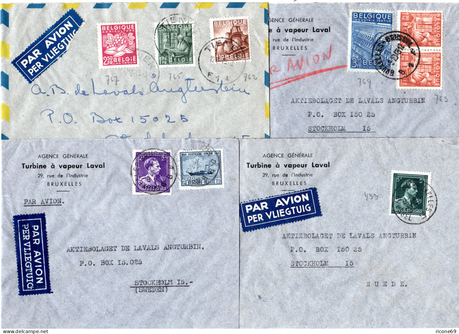 Belgien 1947/49, 4 Versch. Frankierte Luftpost Briefe Nach Schweden.  - Andere & Zonder Classificatie