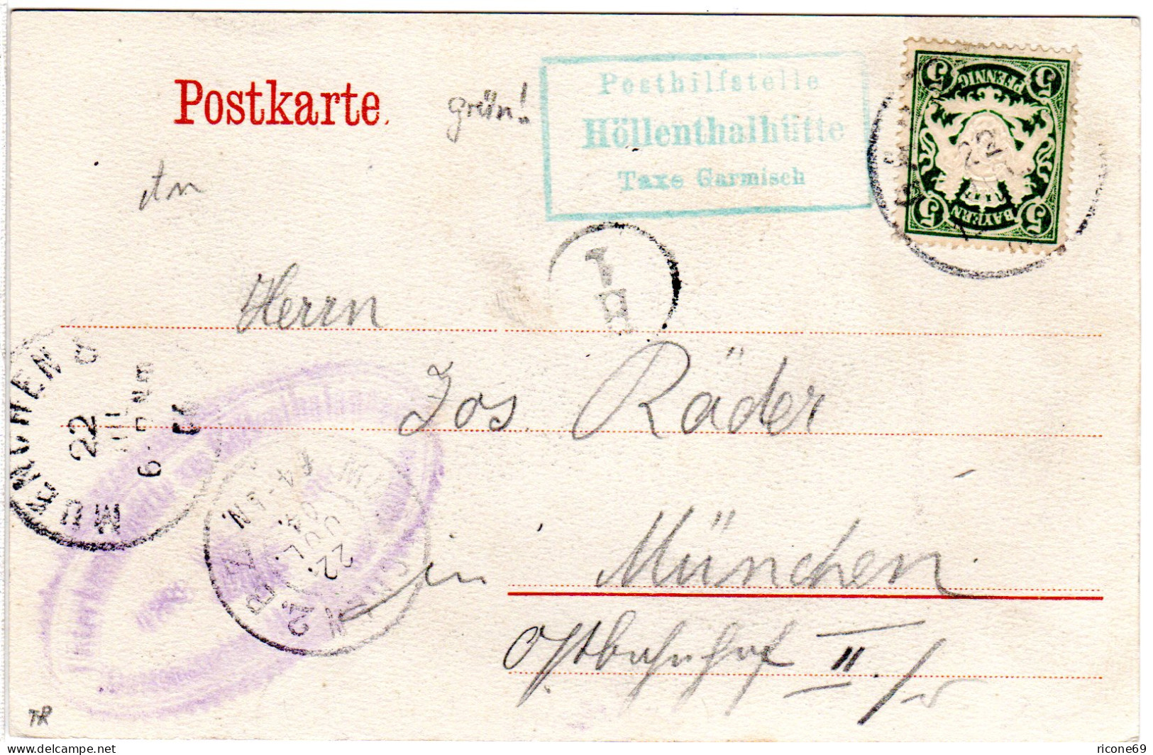 Bayern 1904, Posthilfstelle HÖLLENTHALHÜTTE Taxe Garmisch Auf Sw-AK M. 5 Pf. - Cartas & Documentos