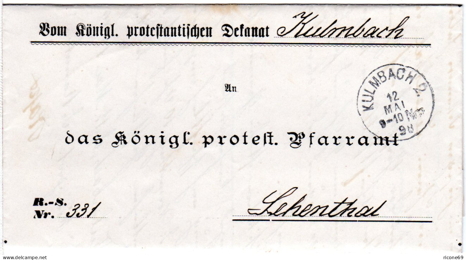 Bayern 1898, K1 KULMBACH 2 Auf Vordruck Dekanats-Brief N. Lehenthal. - Covers & Documents