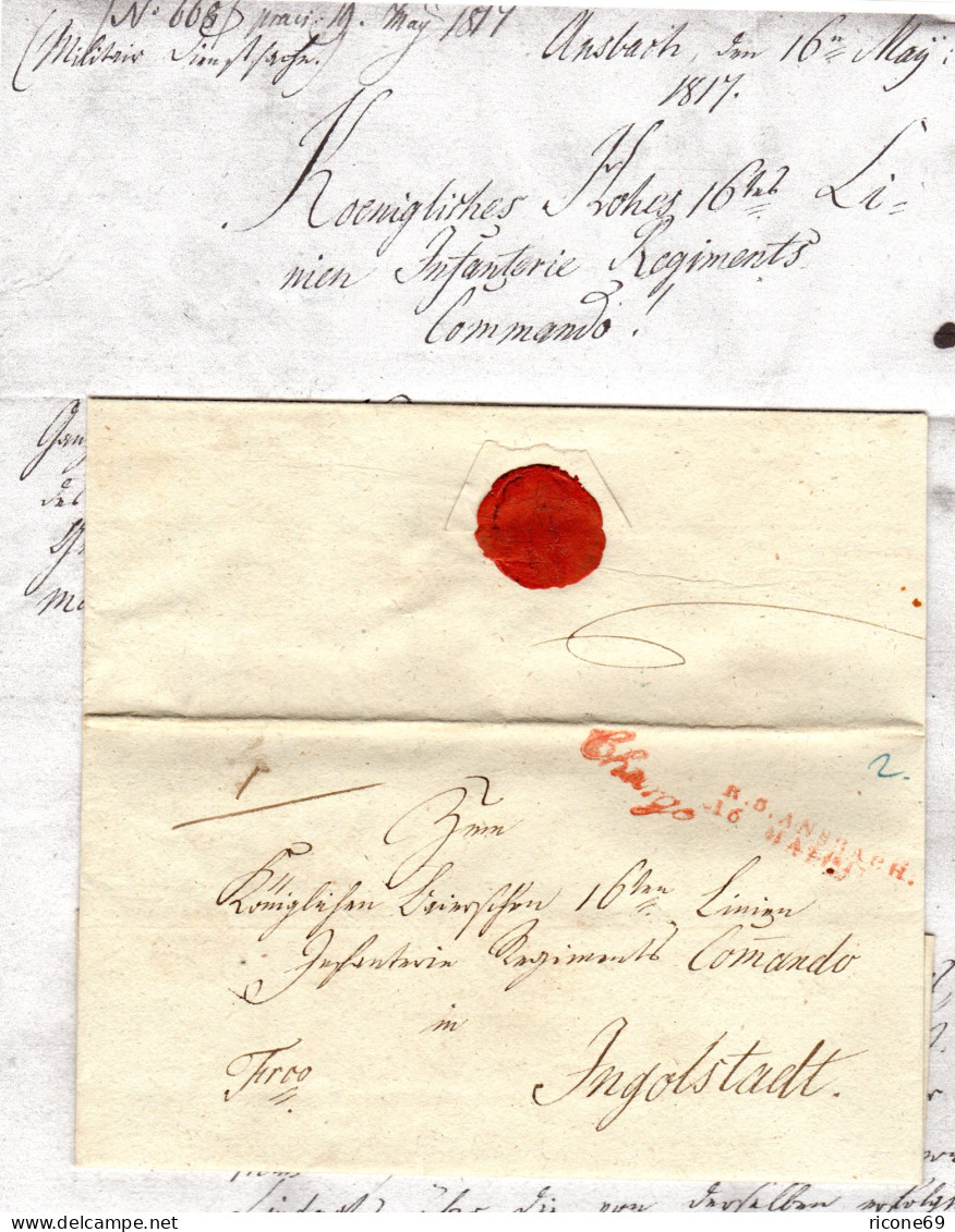 Bayern 1817, Roter L2 R.3. ANSBACH U. Chargé Auf Militär Brief N. Ingolstadt - Prephilately