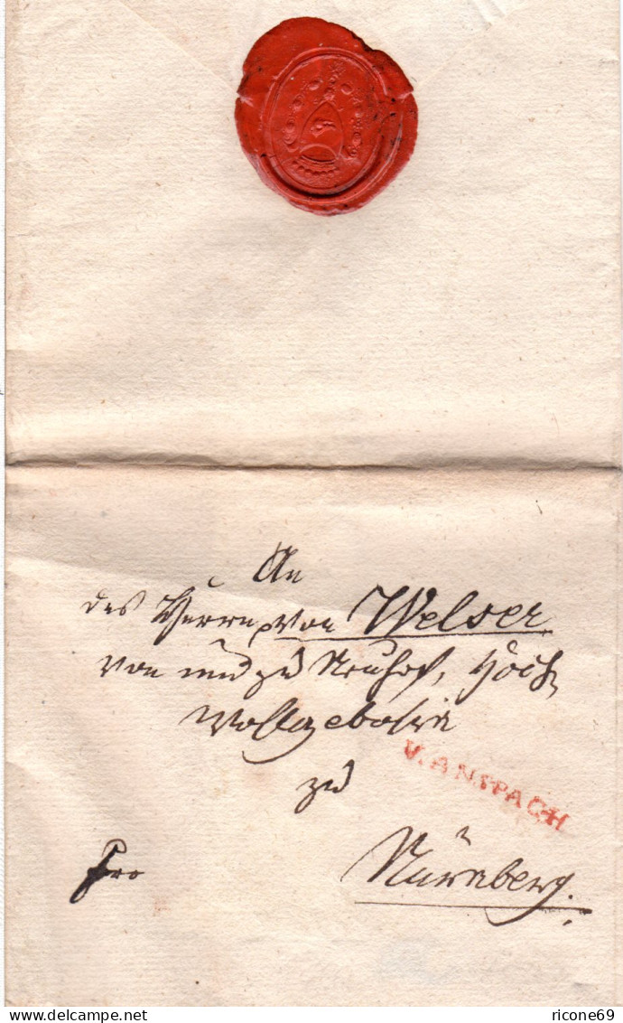 Bayern, Roter L1 V. ANSPACH (Ansbach) Auf Gesiegeltem Franko Brief N. Nürnberg - Vorphilatelie