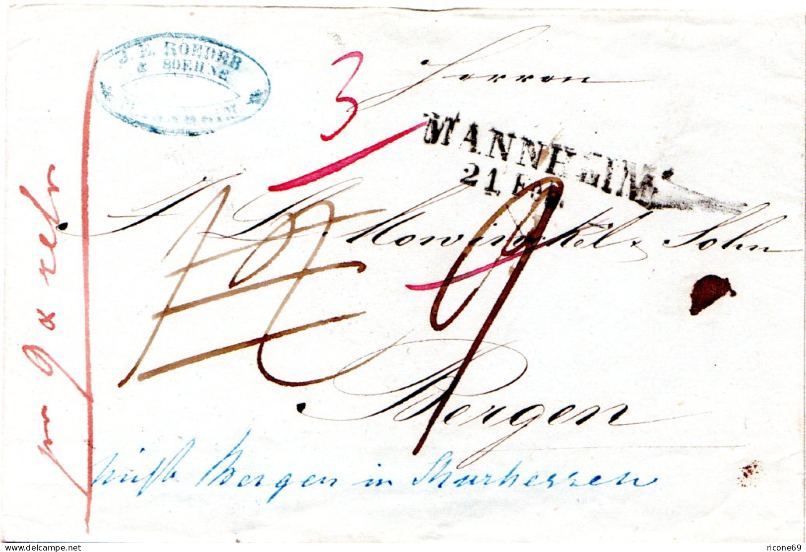 Baden 1852, L2 Mannheim Auf Brief N. Norwegen, Fehlgeleitet N. Bergen T & Taxis - Préphilatélie