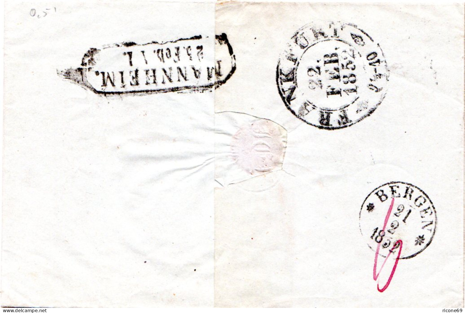 Baden 1852, L2 Mannheim Auf Brief N. Norwegen, Fehlgeleitet N. Bergen T & Taxis - Préphilatélie