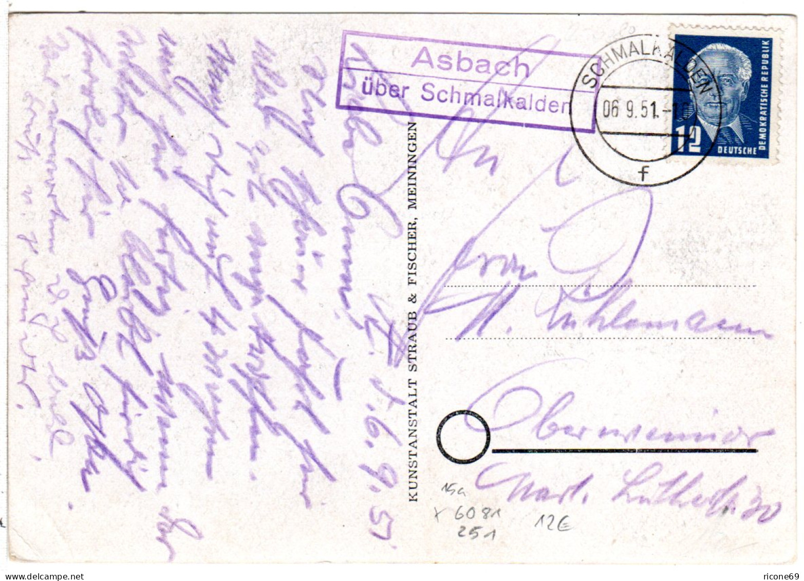 DDR 1951, Landpost Stpl. ASBACH über Schmalkalden Auf Karte M. 12 Pf.  - Covers & Documents