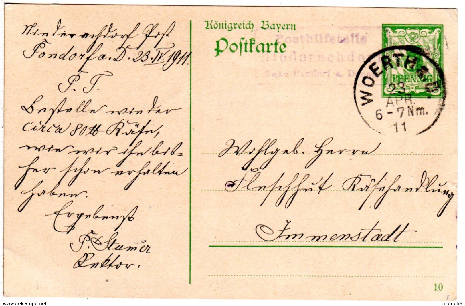 Bayern 1911, Posthilfstelle NIEDERACHDORF Taxe Pondorf Auf 5 Pf. Ganzsache  - Briefe U. Dokumente