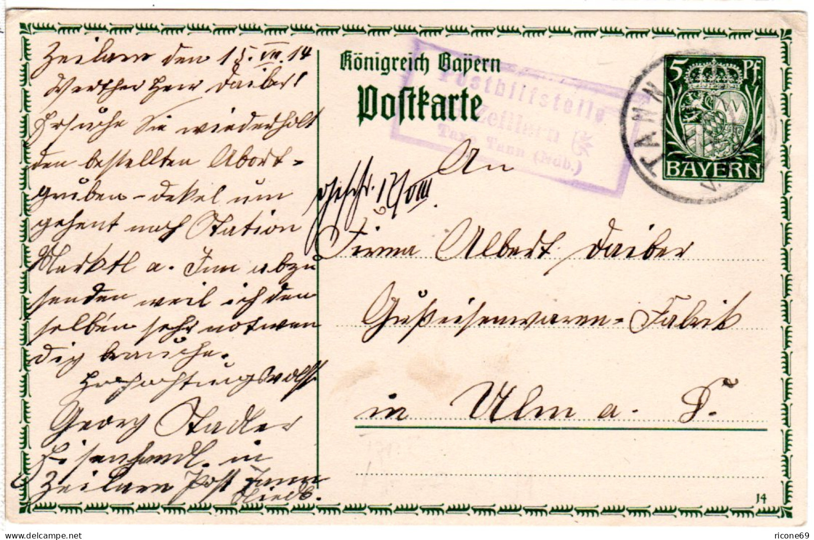 Bayern 1914, Posthilfstelle ZEITLARN Taxe Tann (Ndb.) Auf 5 Pf. Ganzsache  - Cartas & Documentos