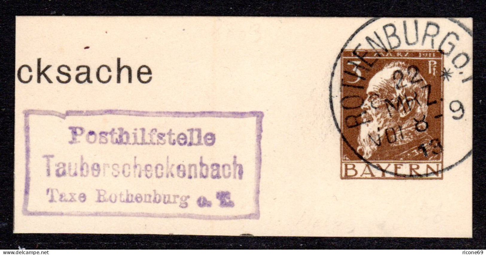 Bayern 1913, Posthilfstelle TAUBERSCHECKENBACH Taxe Rothenburg Ga-Briefstück - Cartas & Documentos