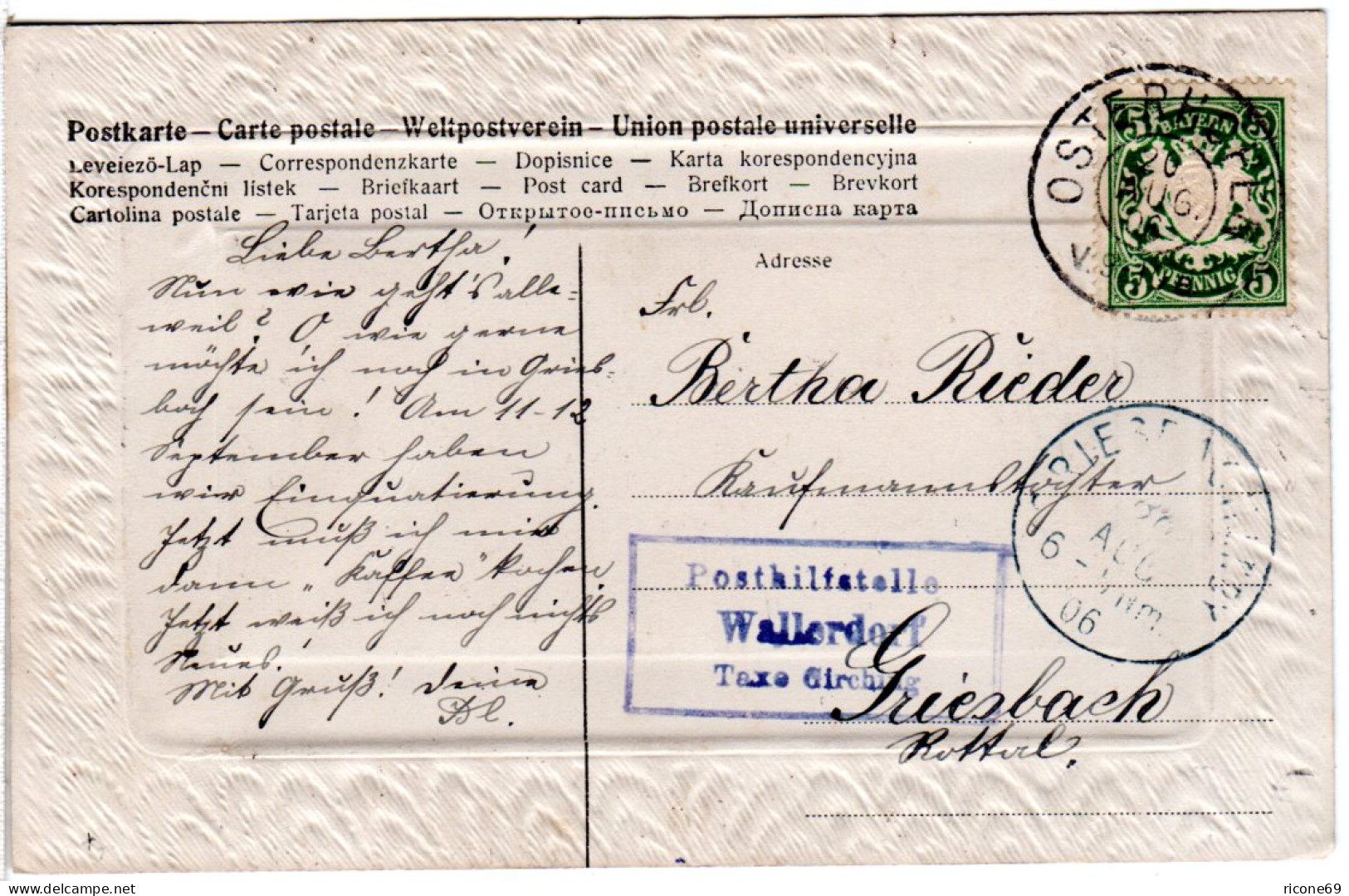 Bayern 1906, Posthilfstelle WALLERDORF Taxe Girching Auf Karte M. 5 Pf. - Briefe U. Dokumente