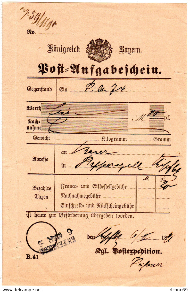 Bayern 1891, L2 Aushilfstempel KIPFENBERG Auf Postschein M. Unterschrift - Cartas & Documentos