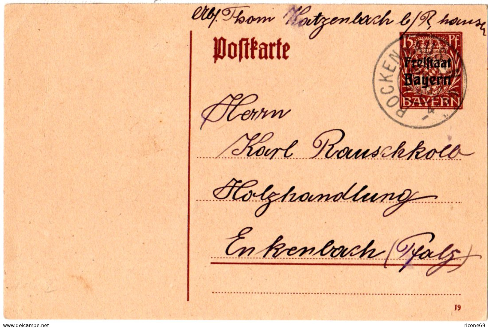 Bayern 1920, Reservestempel ROCKENHAUSEN R Auf 15 Pf. Ganzsache V. Katzenbach - Cartas & Documentos