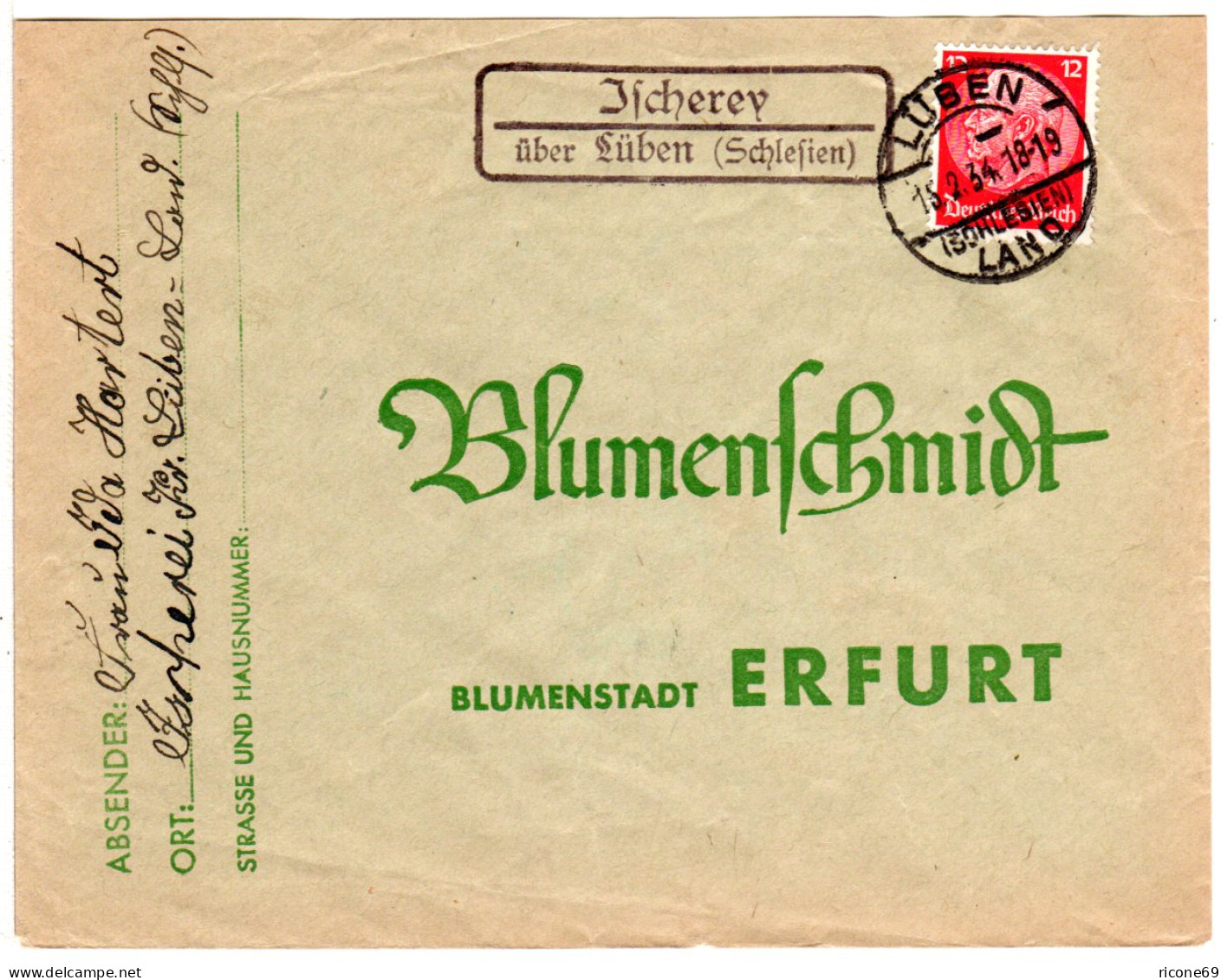DR 1934, Landpost Stpl. Ischerey über Lüben (Schlesien) Auf Brief M. 12 Pfg. - Covers & Documents