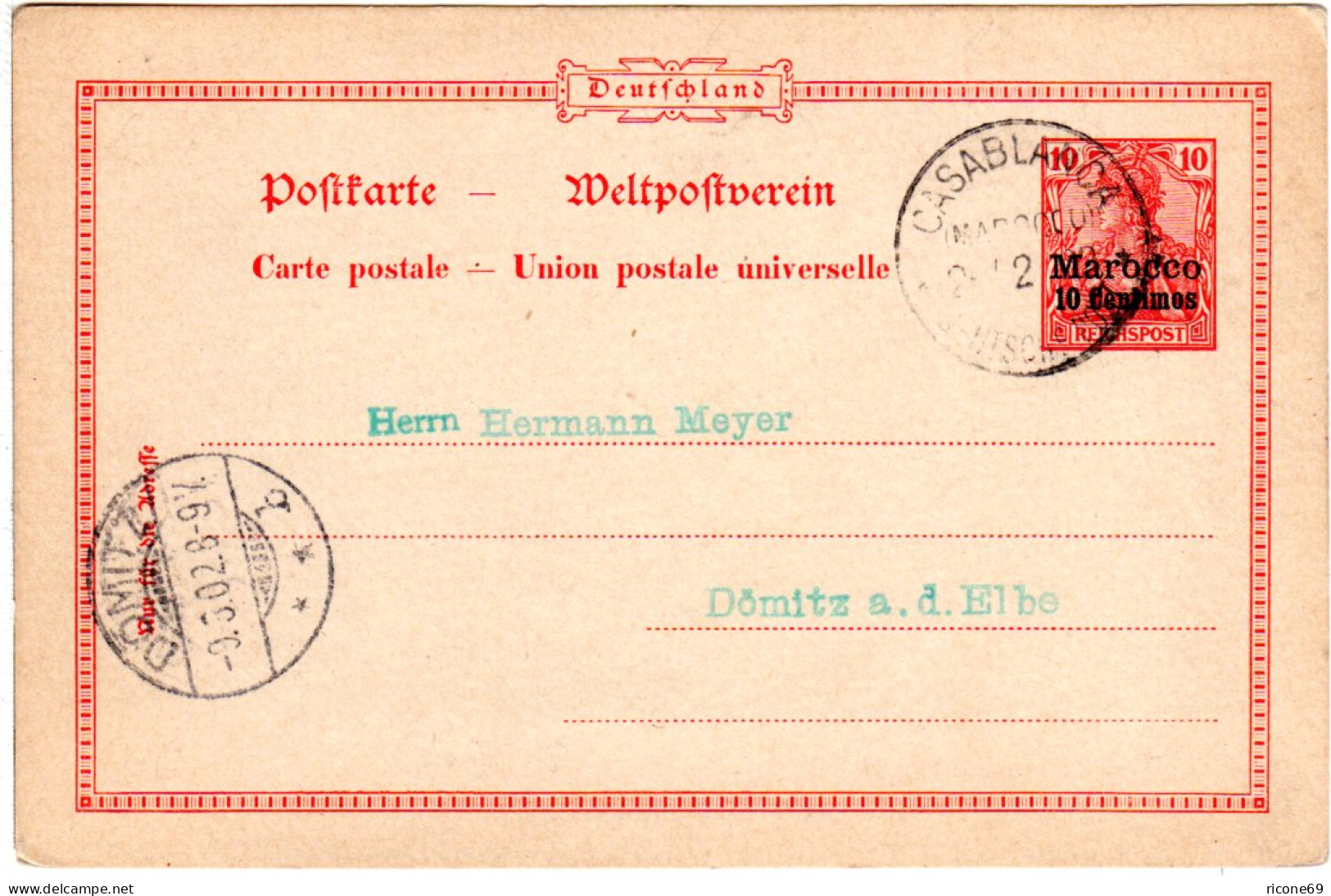 Dt. Post Marokko 1902, 10 Cmos./10 Pf. Ganzsache V. CASABLANCA N. Dömitz - Maroc (bureaux)