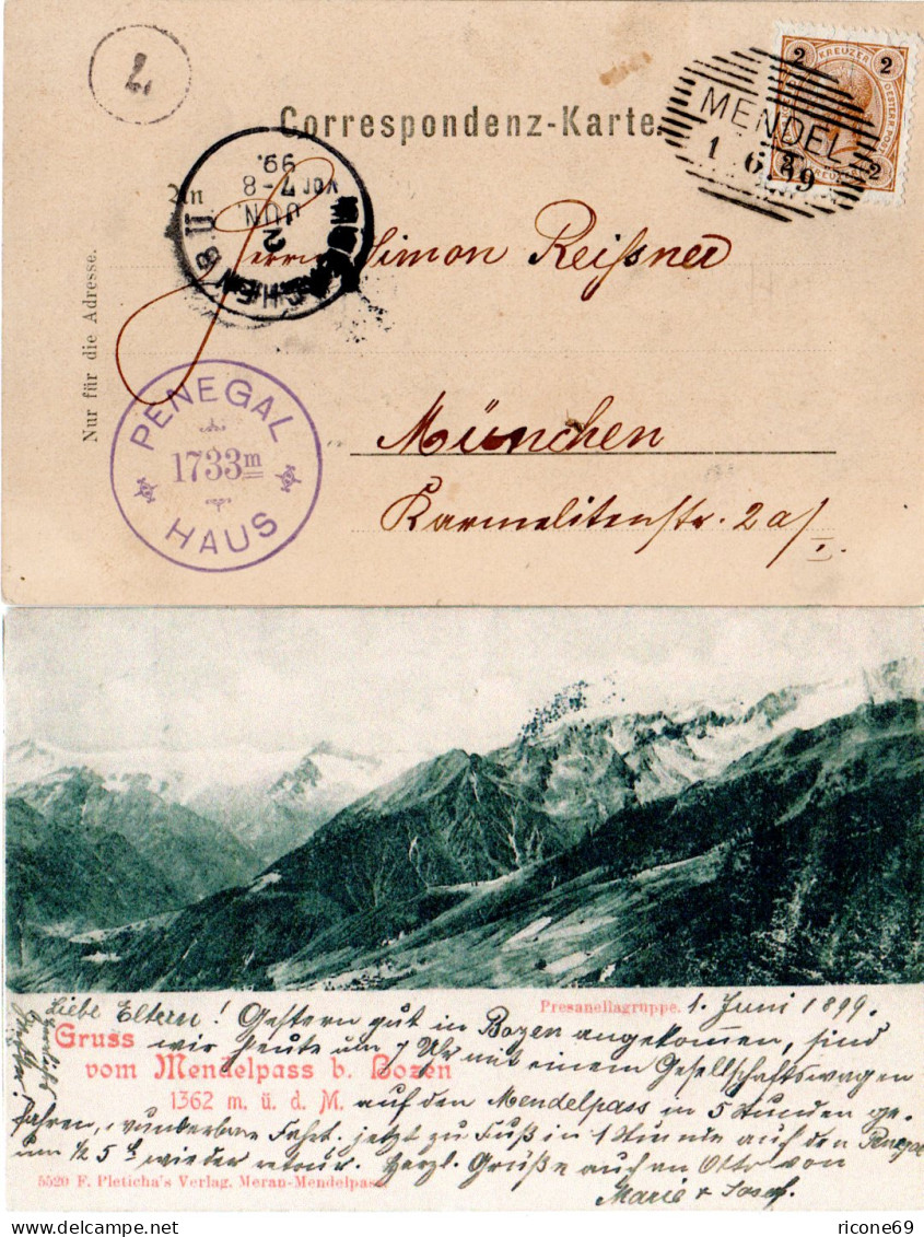 Österreich 1899, MENDEL Schraffenstpl. Klar Auf AK M. Cachet-Stpl. Penegal Haus - Briefe U. Dokumente