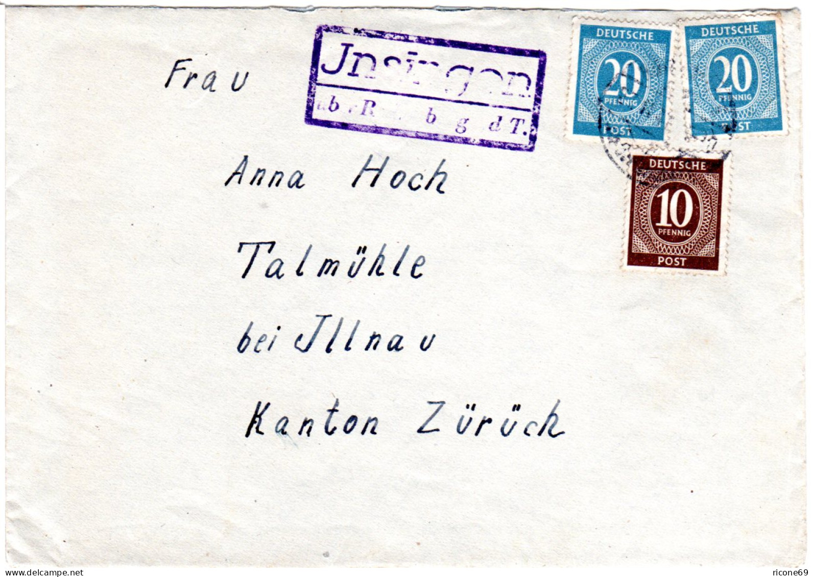 1947, Landpost Stpl. INSINGEN über Rothenburg O.d. T. Auf Brief M. 10+2x20 Pf. - Briefe U. Dokumente