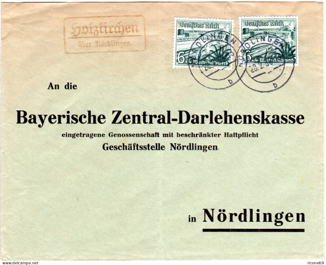 DR 1938, Landpost Stpl. HOLZKIRCHEN über Nördlingen Auf Brief M. 2x6 Pf. WHW - Briefe U. Dokumente