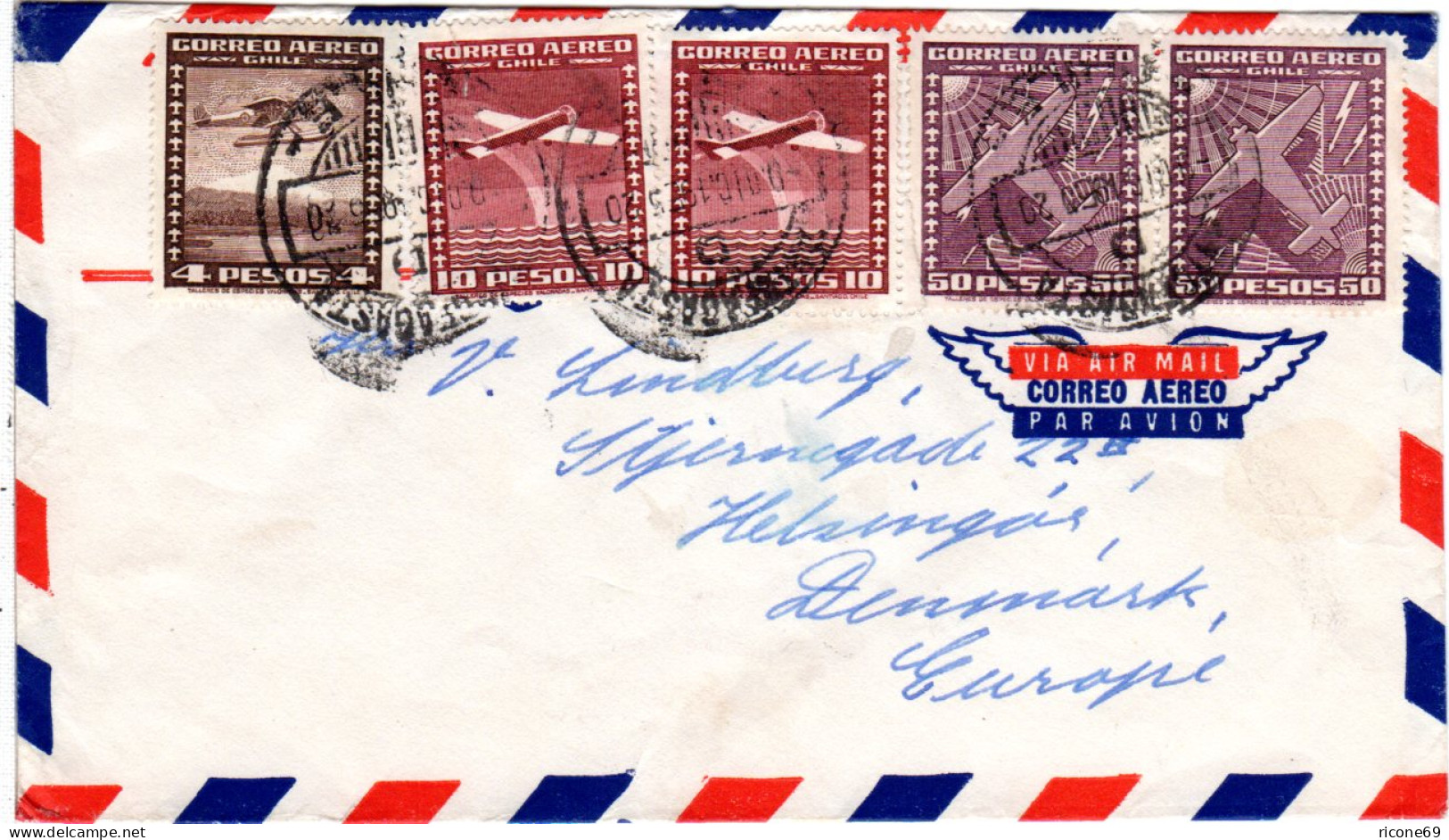 Chile 1955, 2x50+2x10+4 P. Auf Luftpost Brief V. Antofagasta N. Dänemark - Chili