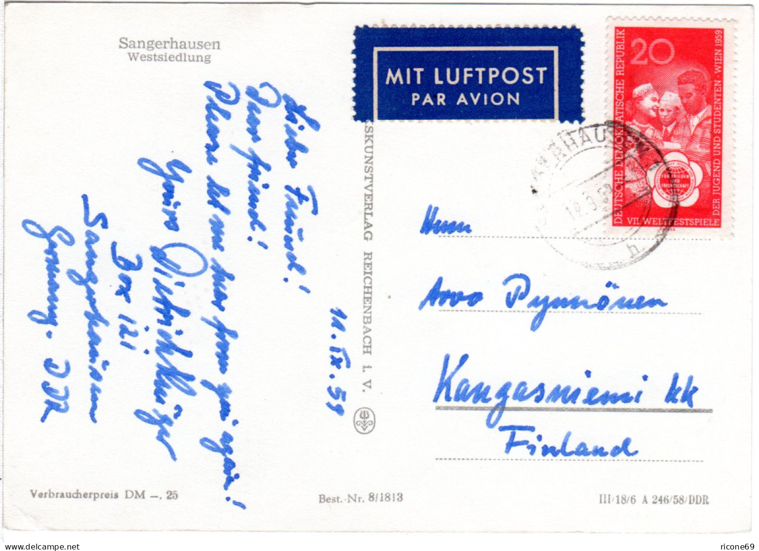 Sangerhausen, Westsiedlung, 1959 Per Luftpost N. Finnland Gebr. Sw-AK - Storia Postale