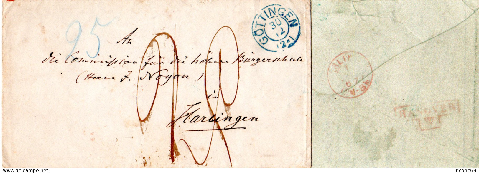 Hannover 1867, K2 GÖTTINGEN Auf Porto Brief N. Harlingen, NL - Hannover