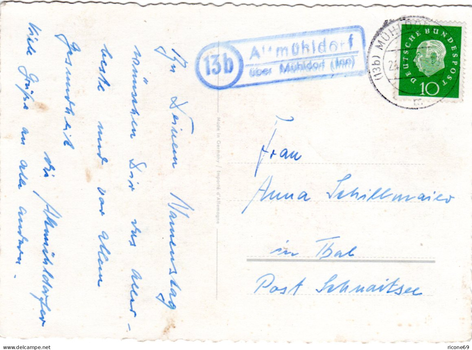 BRD 1962, Landpost Stpl. 13b ALTMÜHLDORF über Mühldorf Auf Karte M. 10 Pf.  - Storia Postale