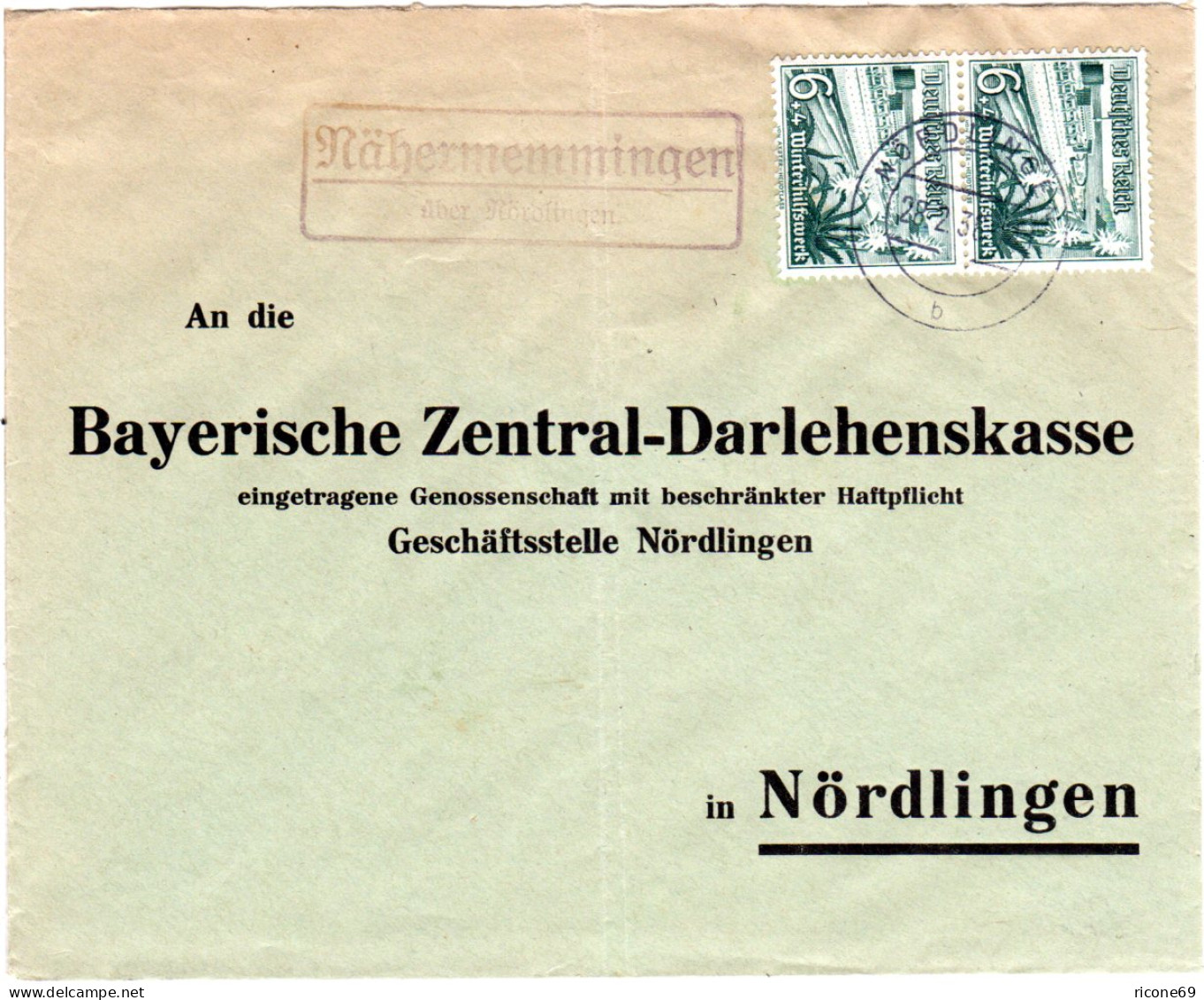 DR 1938, Landpost Stpl. Nähermemmingen über Nördlingen Auf Brief M. MeF 2x6 Pf. - Briefe U. Dokumente