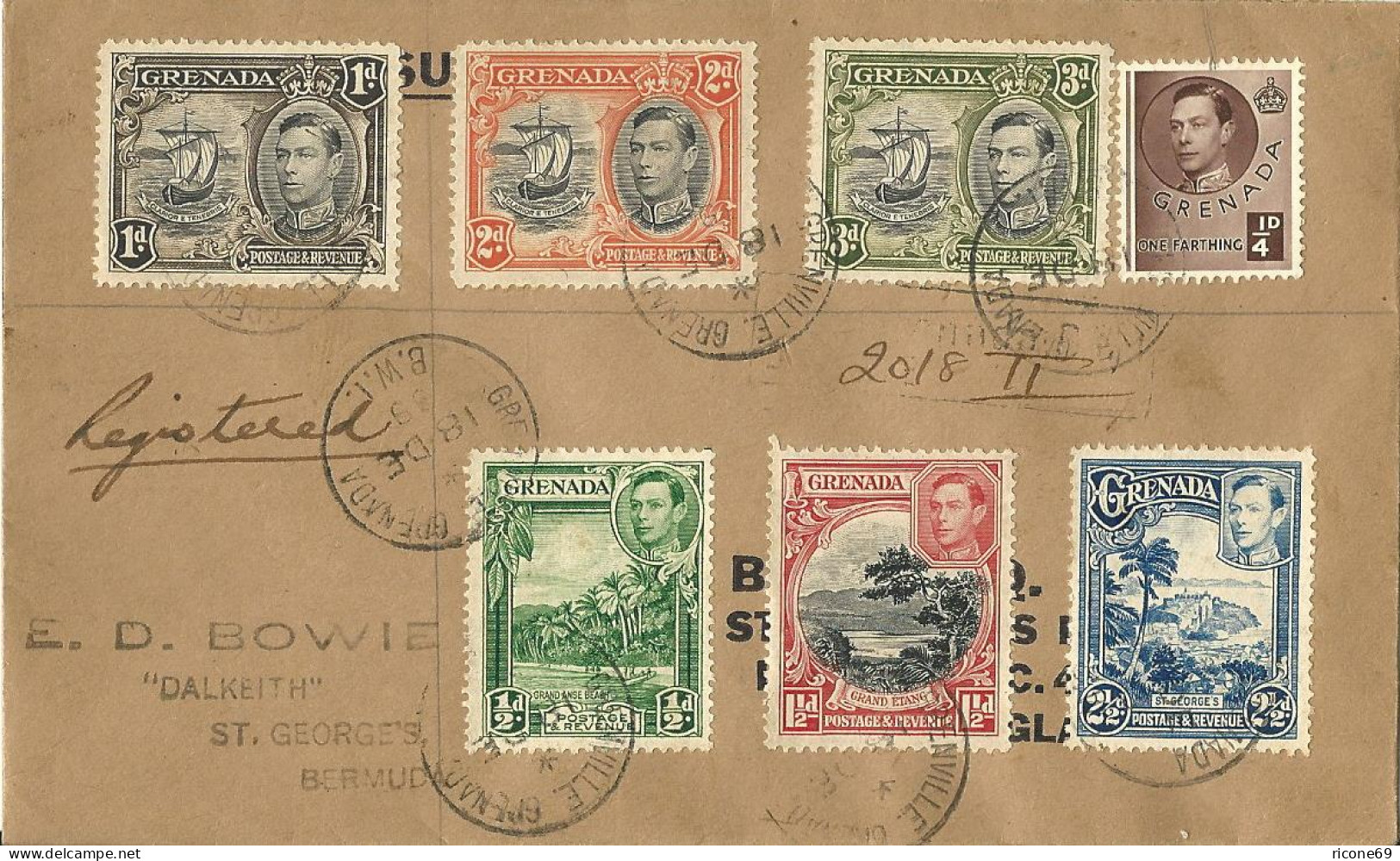 Grenada 1939, 7 Versch. Marken Auf Einschreiben Brief N. Bermuda. Ankunftstempel - Grenada (1974-...)