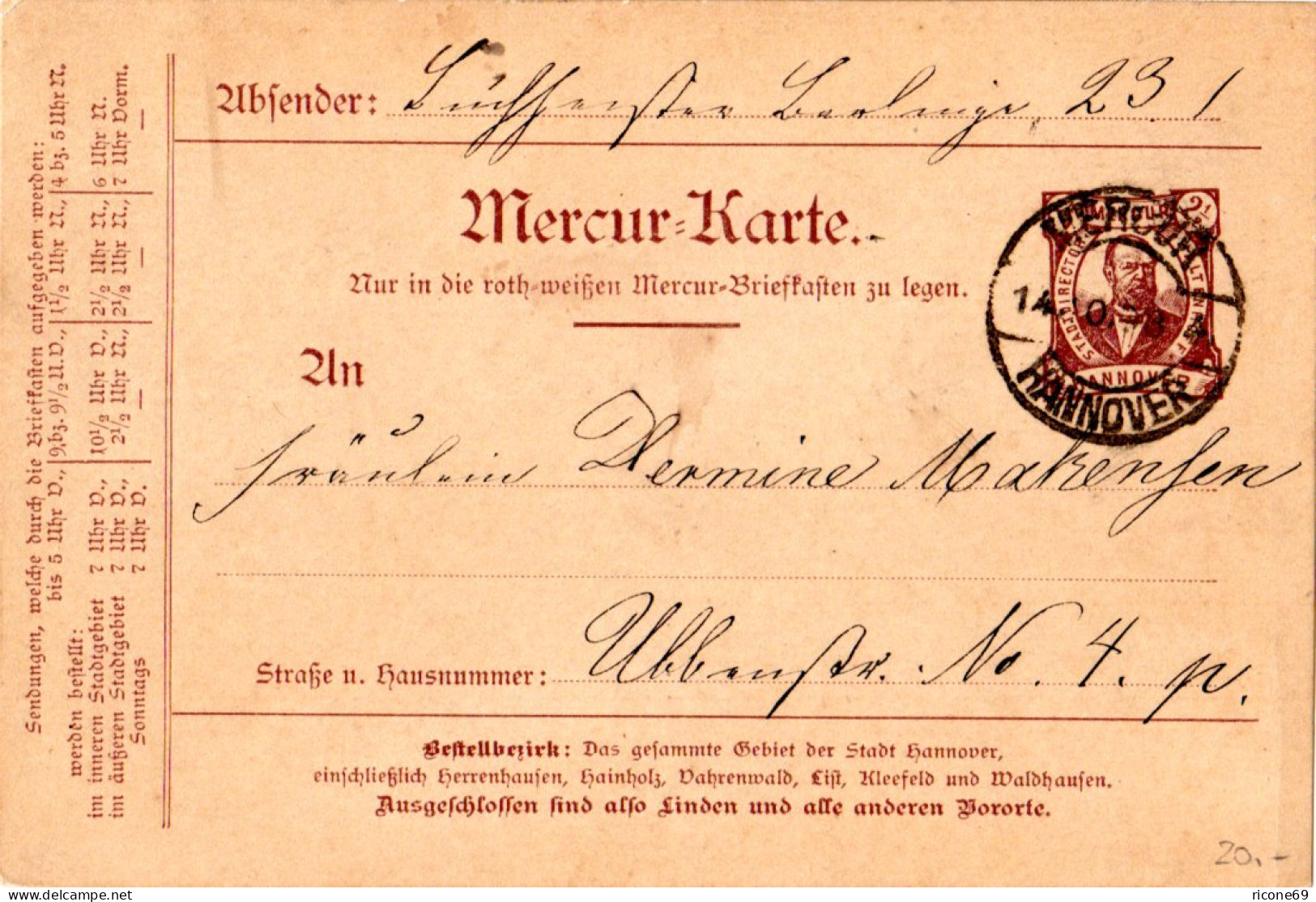 Private Stadtpost Hannover 1898, Gebr. 2 1/2 Pf. Mercur Ganzsachenkarte  - Postes Privées & Locales