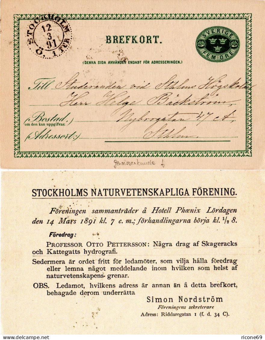 Schweden 1891, 5 öre Ganzsache M. Rs. Zudruck Naturwissenschaftl. Gesellschaft - Sonstige & Ohne Zuordnung