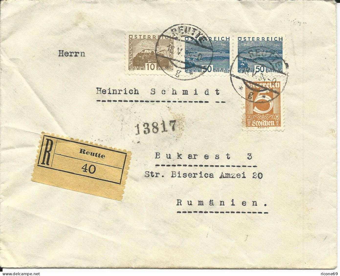 Österreich 1934, 5+10+ Paar 50 Gr. Auf Einschreiben Brief V. Reutte N. Rumänien - Brieven En Documenten