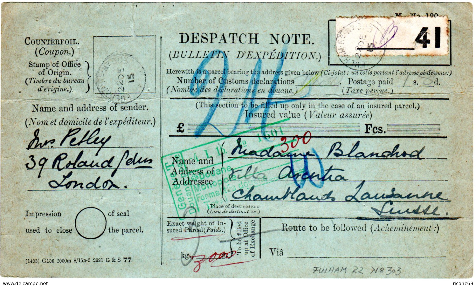 GB 1915, Formular Parcel Dispatch Note V. FULHAM I.d. Schweiz. Porto  - Autres & Non Classés