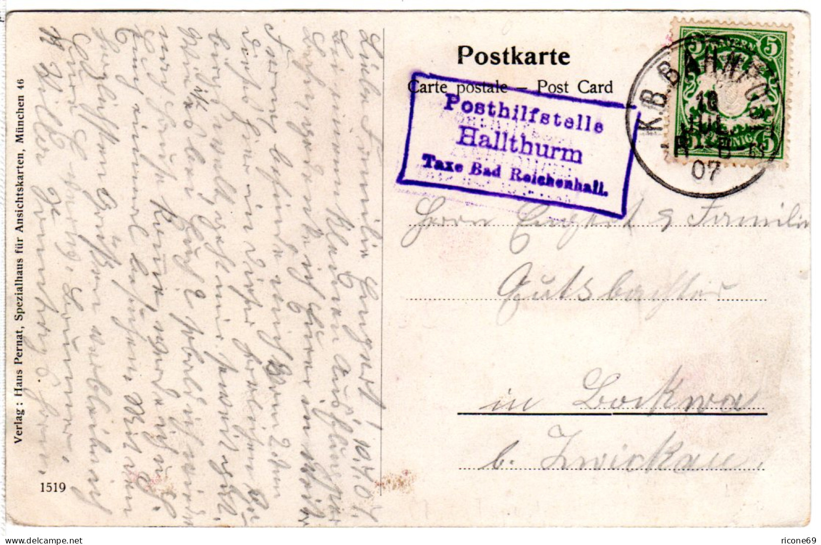 Bayern 1907, Posthilfstelle HALLTHURM Taxe Bad Reichenhall Auf Farb-AK M. 5 Pf. - Covers & Documents