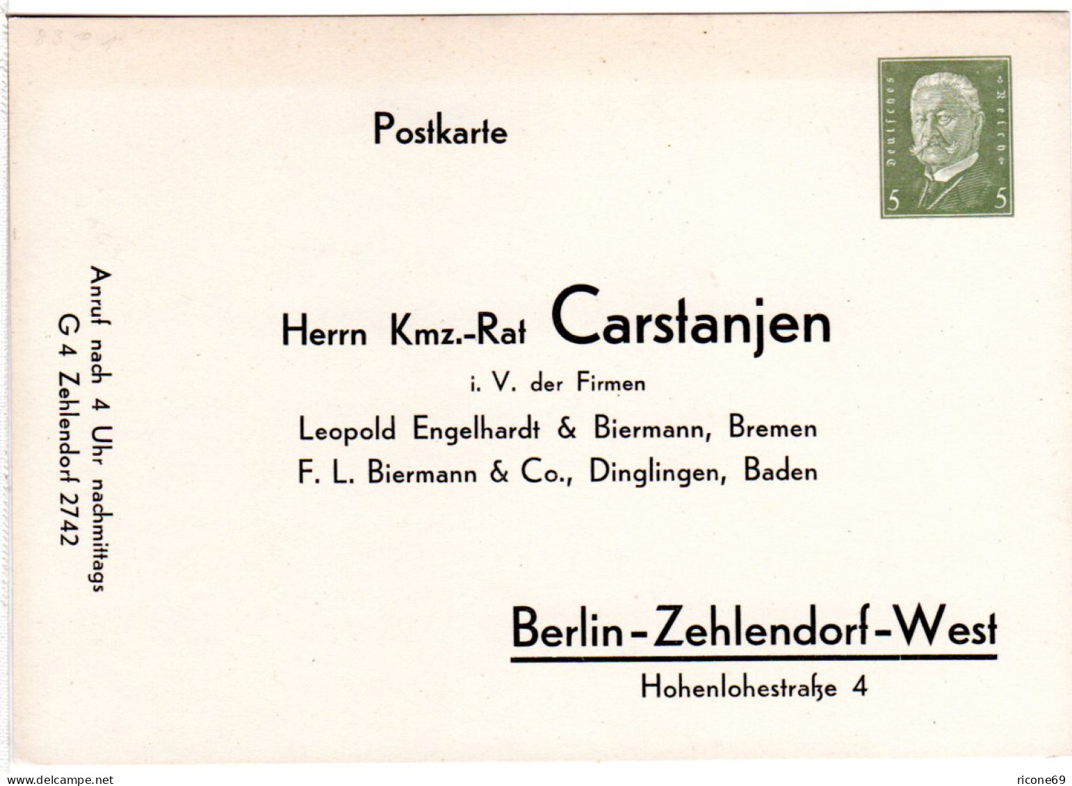 DR, Ungebr. 5 Pf. Privatganzsachenkarte Kmz.-Rat Carstanjen Berlin - Other & Unclassified