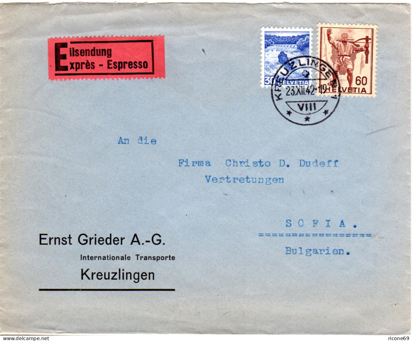 Schweiz 1942, 30+60 C. Auf Express Brief V. Kreuzlingen N. Bulgarien. - Andere & Zonder Classificatie