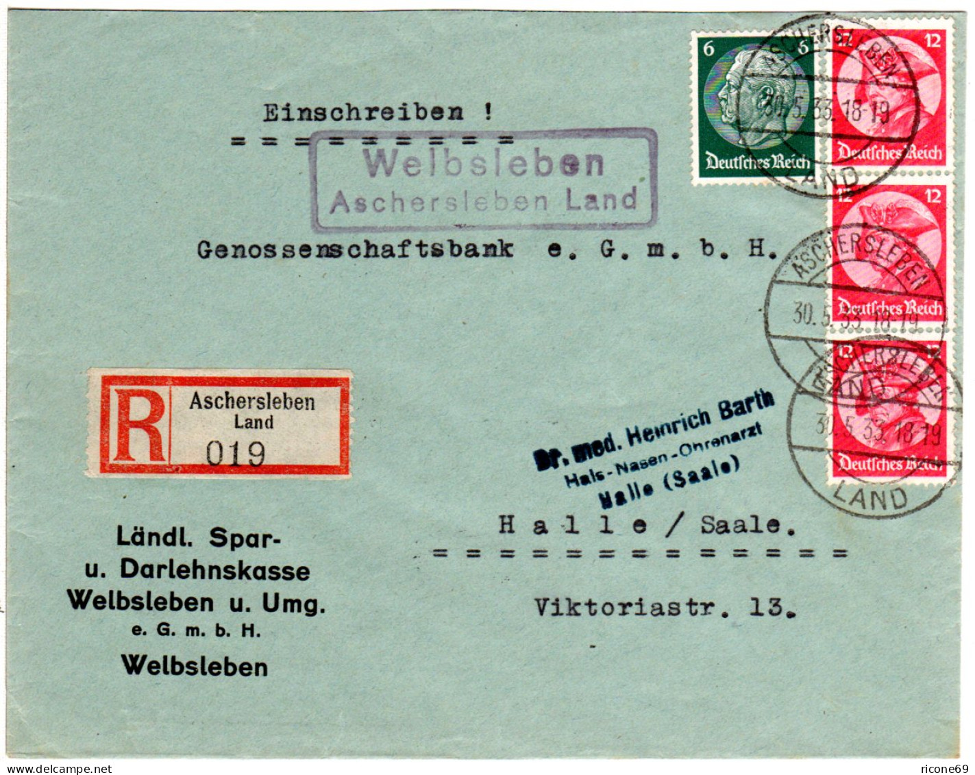 DR 1933, WELBSLEBEN Aschersleben Land, Landpost Stpl. Auf Einschreiben Brief  - Briefe U. Dokumente