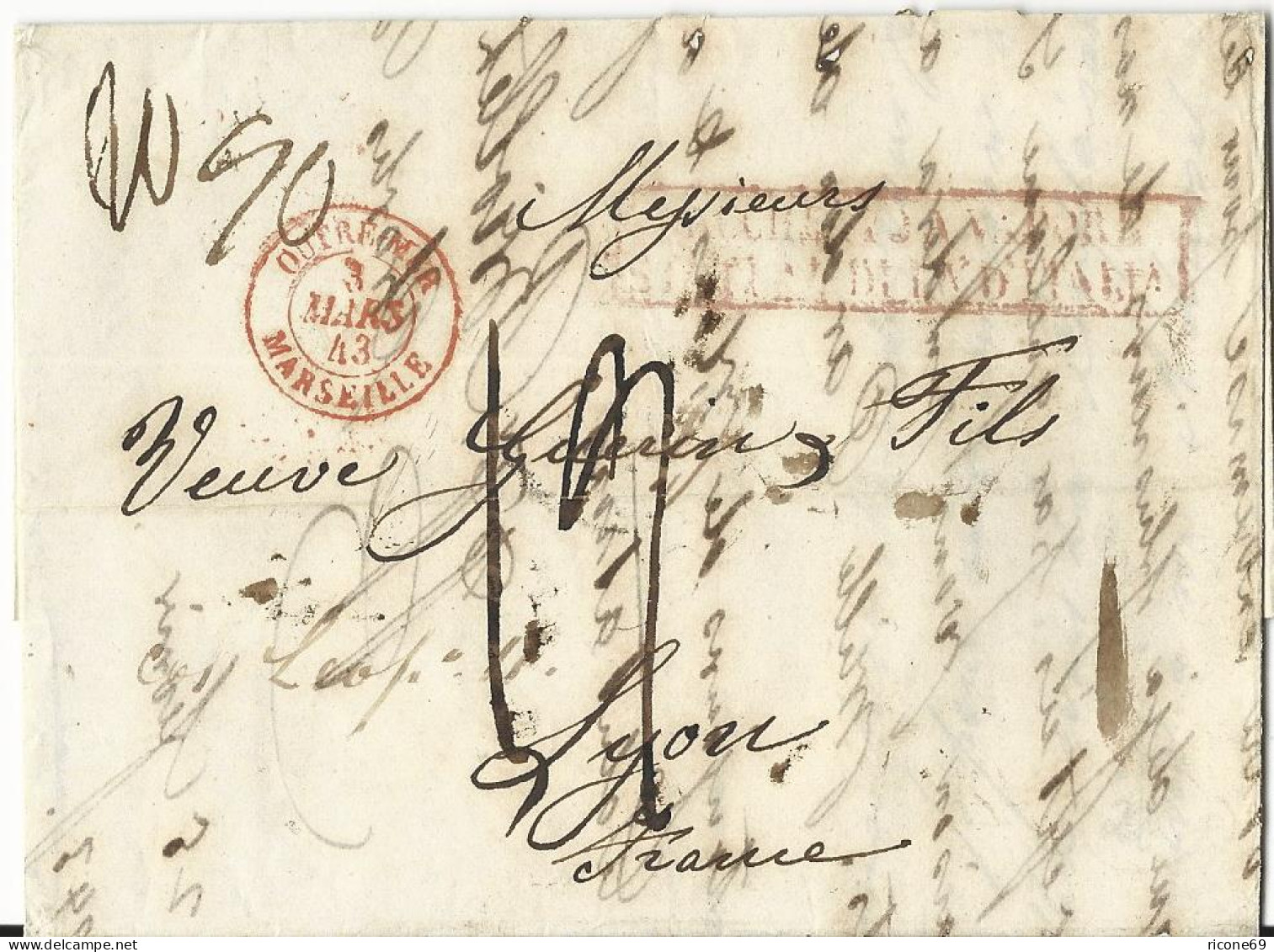 Italien Neapel 1843, R2 PACCHETTO AL VAPORE D'ITALIA Auf Brief N. Frankreich - Ohne Zuordnung
