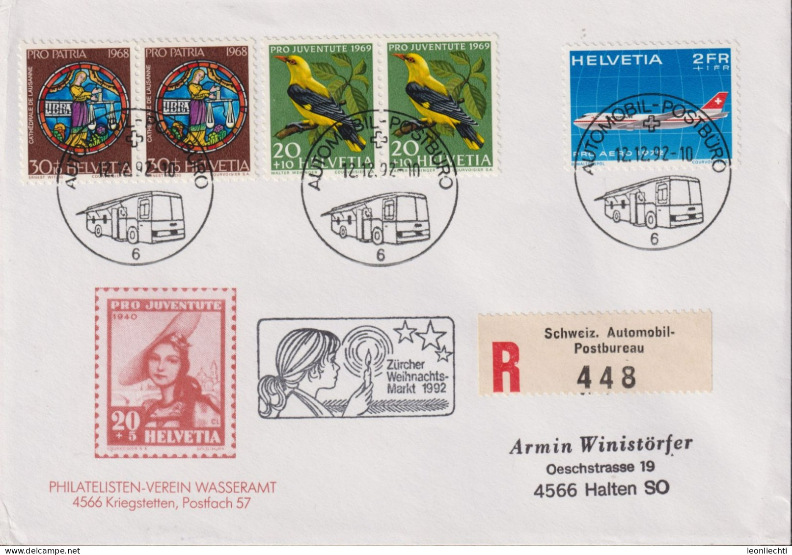 1992 Schweiz, R-Brief, Mischfrankatur, Zum:CH B140+J229+F47, Mi:CH 876+915+968, Zürcher Weihnachtsmarkt - Briefe U. Dokumente