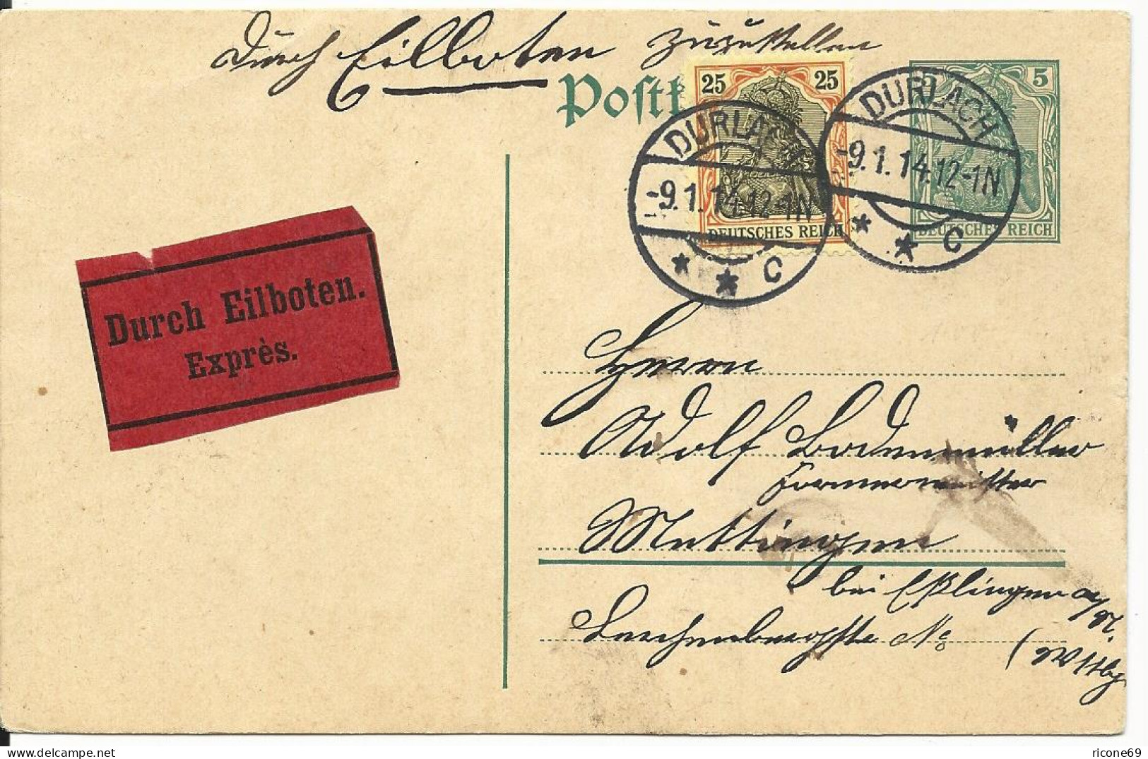 DR 1914, 25 Pf. Zusatzfr. Auf Eilboten Ganzsache V. Durlach - Briefe U. Dokumente